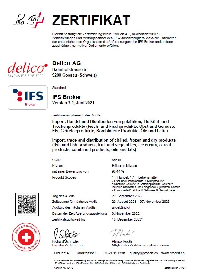 IFS Broker Zertifikat Delico AG 2022