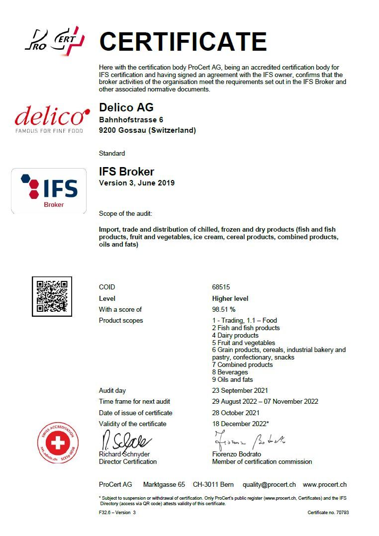 IFS Broker certificate Delico AG 2021 EN