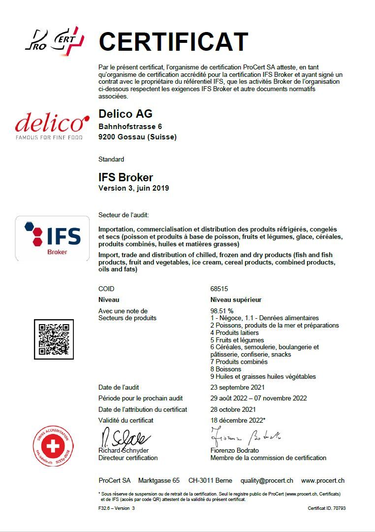 IFS Broker certificate Delico AG 2021 FR